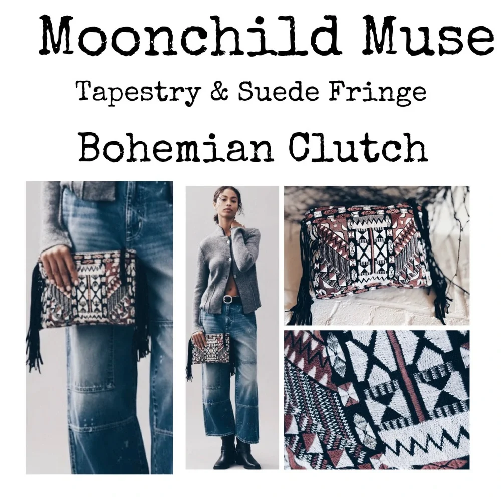 Clutch ELEVATED BOHO Tapestry & Suede Fringe Clutch with Metallic Thread
